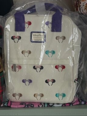 Disney Parks Cream canvas Loungefly  Backpack with Multicolor Minnie Ears